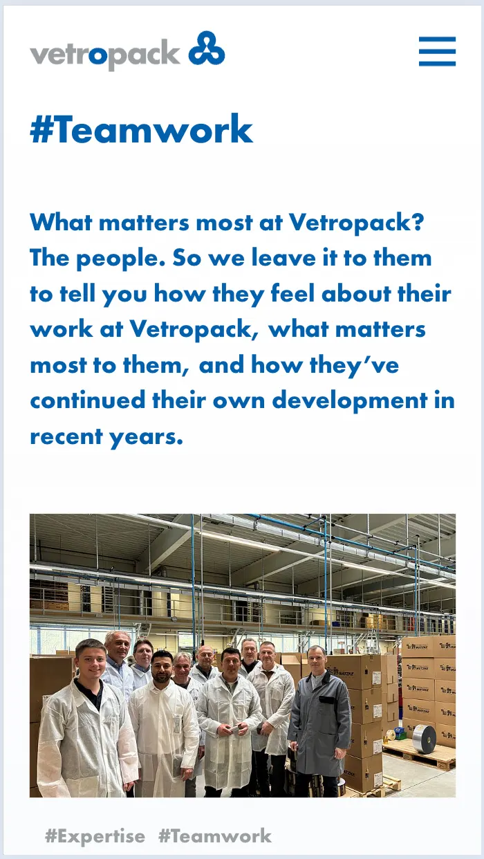 Screenshot der Vetropack Homepage mobile