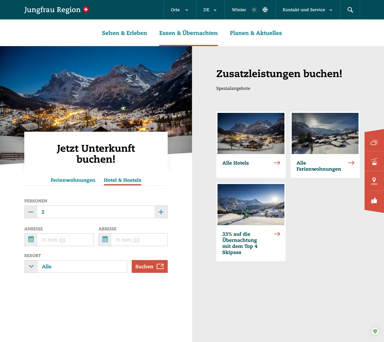 Screenshot der Jungfrau Region Unterseite