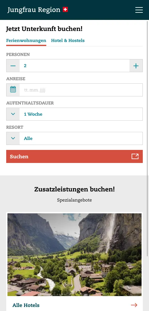 Screenshot der Jungfrau Region Homepage mobile