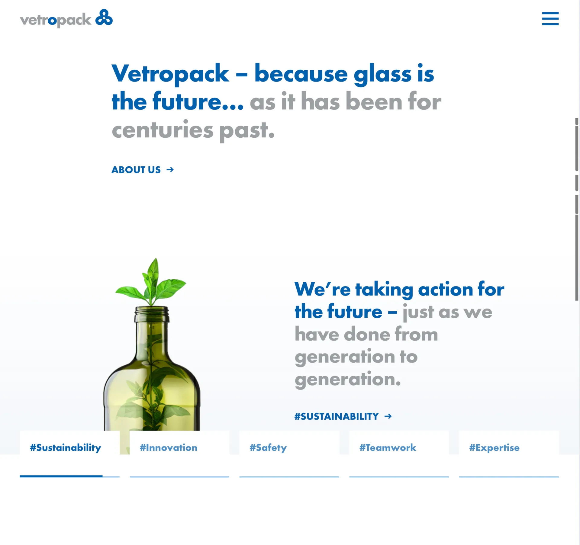 Screenshot der Vetropack Homepage